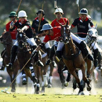 Audi's Nico Pieres reaches for the ball from charging Zorzal defense as Audi teammates Jeff Hall (green helmet) and Gonzalito Pieres follow the play