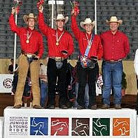 Reining Junior Team Gold medalists from USA South Central: Matthew Verser, James Michael Phillips, and Victoria Cartillar with Chef d'Equipe Dell Hendricks (Waltenberry)