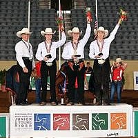 Reining Young Rider Gold medalists from Team Canada: Chef d'Equipe Wendy Dyer, Pearl Aebly, Madison Steed, and Stephanie Thomson (Waltenberry)