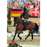 Rikke Laumann (DEN), female Senior Individual gold medalist at the FEI European Championships 2013, is pictured here on Ghost Alfarvad Z lunged by Lasse Kristensen in the Magna Racino arena